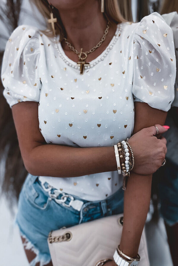 White Dotted Heart Print Puff Sleeve Top